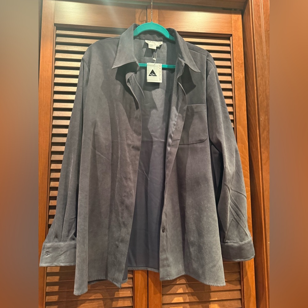 Suchada Gray Suede like Button Up Long Sleeve Shirt, shacket, Size 2X